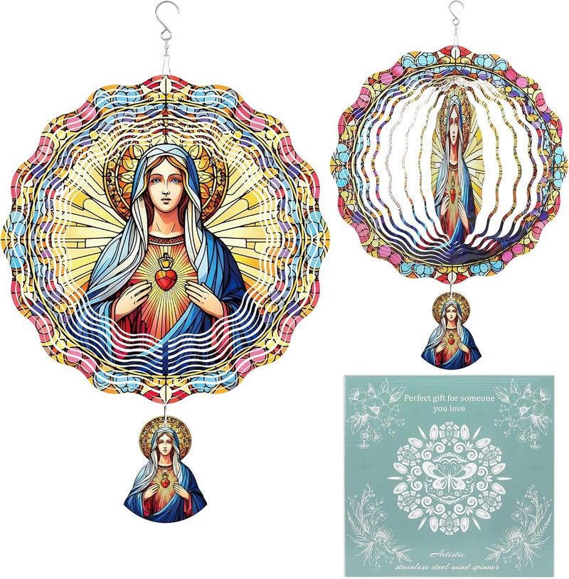 Romart Virgin Mary Wind Spinners Outdoor, Catholic Christian Gifts Garden Hanging Wind Spinner, Blessed Mother 3D Stainless Steel Religious Outdoor Decor for Patio Yard Lawn - Image 1